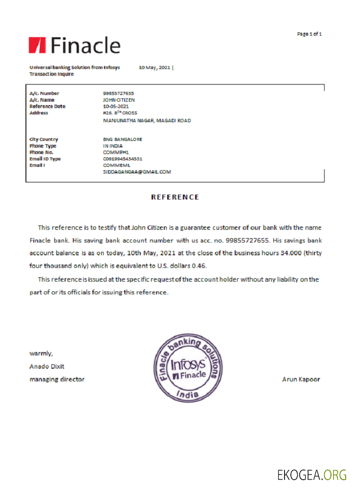 Inde , Finacle bank , reference